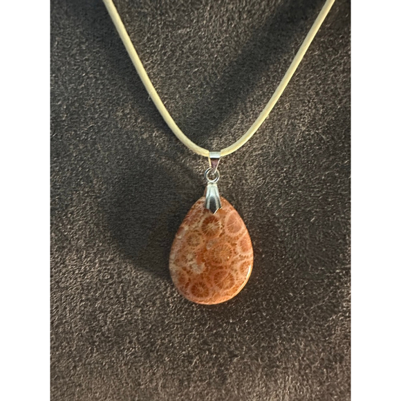 Orange and Beige Fossil Coral Teardrop Pendant Necklace - Picture 1 of 7